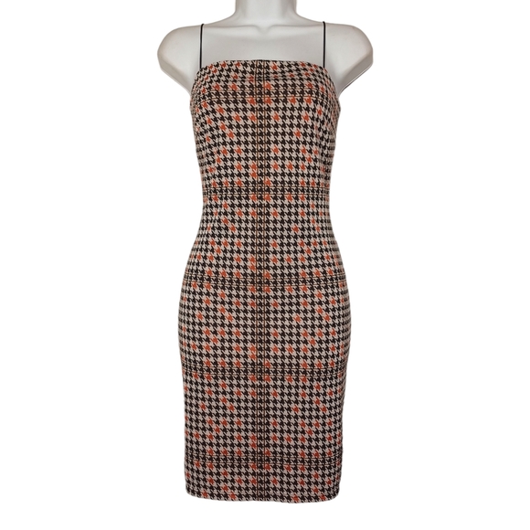 MISTYROSE Houndstooth Plaid Print Orange Black Cream Retro Sheath Dress L NWT - Picture 1 of 9